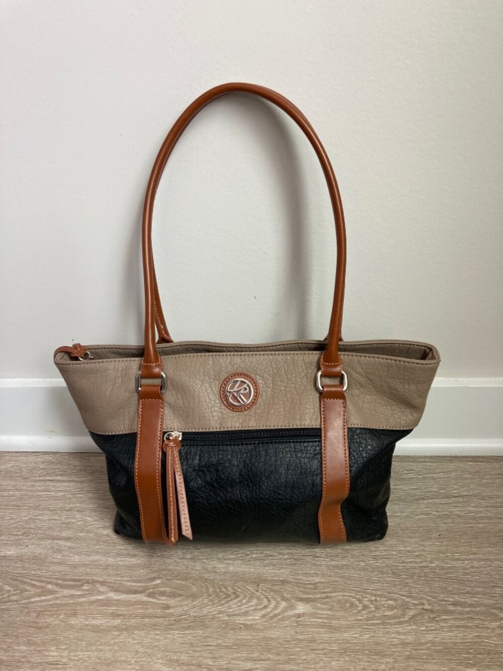 Taupe Black & Brown Faux Leather Tote Shoulder Bag.